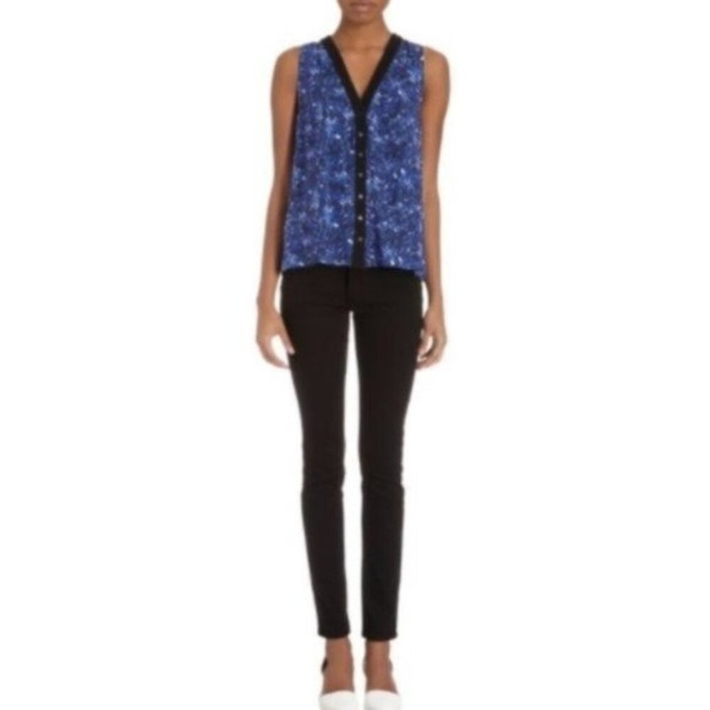 Proenza Schouler Silk Snap Front Sleeveless Blouse Blue and Black